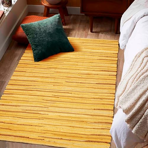 Ramanta Home 100% Cotton Hand Woven Tonal Chindi Rag Rug 3'x5' - Mustard, Recycled Reversible Rugs, Boho Rustic Farmhouse Rugs for Living Room, Dinning Room, Kitchen Floor Mats - 36"x60" - color: Mustard, size: 3 x 5 feet