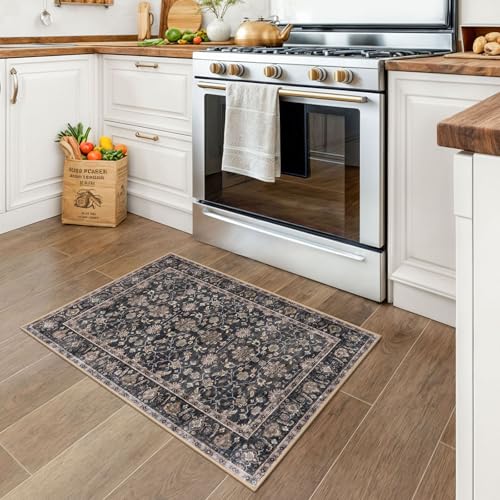 KUTA Vintage Floral Entryway Rug 2x3, Kitchen Area Rugs Non-Slip Washable Throw Rug, Brown Ultra Thin Soft Print Front Door Mat Indoor Doormat for Entrance, Bedside, or Small Spaces - color: Brown, size: 2' x 3' (Rectangular)