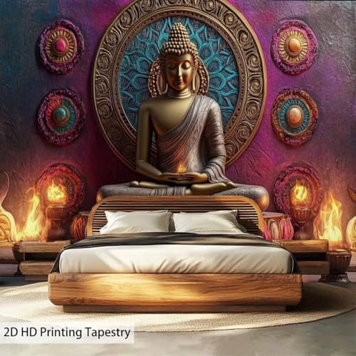 FENDROM Vintage Meditation Tapestry Gloden Buddha Zen Happiness Wall Hanging Large Tapestries Psychedelic Buddhist Poster Decorations Bedroom Living Room Dorm - color: Red, size: 59"L x 51"W