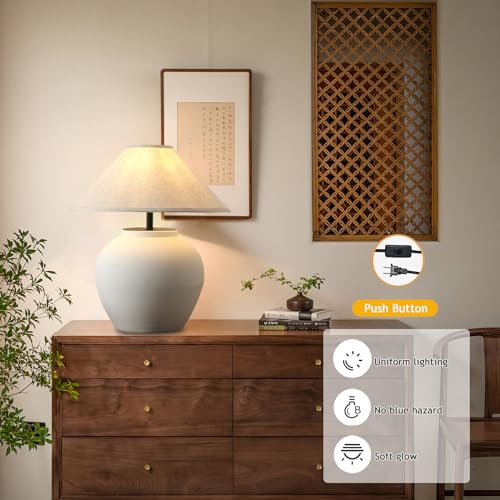 Farmhouse Table Lamps Black 18.8" Tall Ceramic Table Lamp Rustic Southwestern Clay Pot Ceramic Lampshade with Fabric Shade Bedside Nightstand for Living Room Bedroom House Office Entryway (White) - color: White