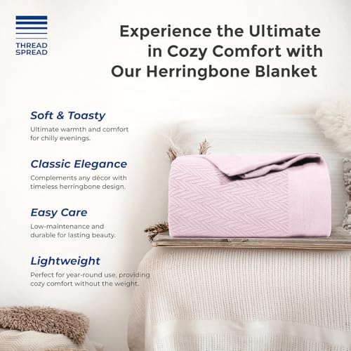 THREAD SPREAD Organic GOTS Certified Cotton Blanket, Twin/Twin XL - 350 GSM, Antistatic, Fuzzy Soft, Lightweight, Sofa, Camping & Travel, All-Season Herringbone Throw, Blush + Stylish Bonus Tote Bag - color: Herringbone - Blush, size: Twin / Twin XL