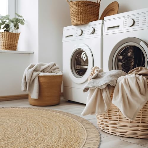 KIBAGA Beautiful 5x5 ft Round Jute Area Rug for Your Home - This Natural Hand Woven Rug Fits Perfectly Into Your Entry Area, Kitchen Or Living Room - Modern Braided Circle Mat Enhances Any Boho Decor - size: 5' (Round)
