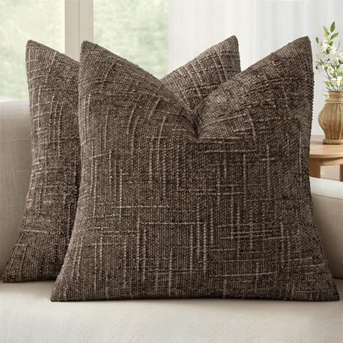 MIULEE Textured Throw Pillow Covers Thick Chenille Decorative Pillows Brown 18x18 Inch Set of 2 Modern Boho Farmhouse Home Decor Neutral Cushion Covers for Couch Sofa Living Room Bedroom - color: Brown, size: 18" x 18" (Pack of 2)