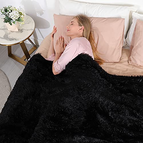 Tuddrom Decorative Extra Soft Faux Fur Throw Blanket 50" x 60",Reversible Fuzzy Long Hair Shaggy Throw Blankets, Fluffy Cozy Plush Fleece Comfy Microfiber Fur Blanket for Couch Sofa Bed, Black - color: Black, size: Throw-50" x 60"