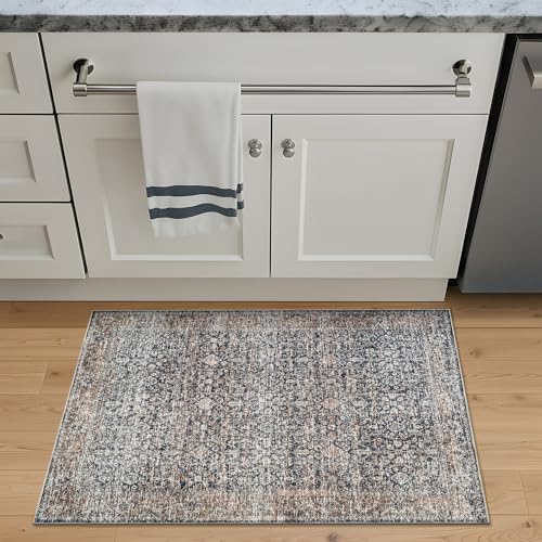 Bloom Rugs Washable Non-Slip 2x3 Rug - Dark Blue/Tan Traditional Oriental Area Rug for Living Room, Bedroom, Dining Room, and Kitchen - Exact Size: 2' x 3' - color: Dark Blue / Tan, size: 2' x 3' (Rectangular)