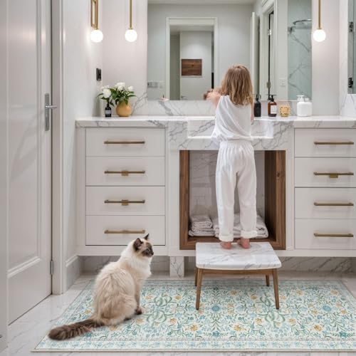 Lahome Sylvie Light Blue Runner Rug 2x6, Boho Floral Runners for Kitchen Floor, Machine Washable Soft Thin Indoor Throw Carpet Runners for Hallway Bathroom Laundry 6ft, Blue - color: Baby Blue, size: 2' x 6' (Runner)