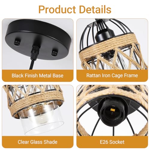 Black Farmhouse Boho Kitchen Island Pendant Light,Hand-Woven Rattan Pendant Lighting with Metal Cage Clear Glass Shade,Coastal Wicker Small Hanging Light Fixture Bedroom Dining Room Decor