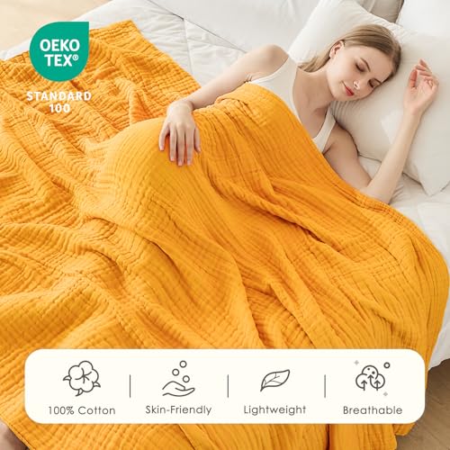 EMME Cotton Throw Blanket for Couch Mustard Yellow Soft Muslin Blankets 50"x60" Lightweight Breathable - color: 15 - Mustard Yellow, size: Throw (50" x 60")