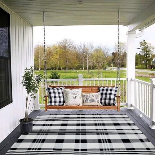 Fall Décor Plaid Rug, 4' x 6' Black&White Check Indoor/Outdoor Area Rug, Layering Rug for Hello/Welcome Door Mat, Machine Washable Cotton Woven Rugs for Farmhouse Front Porch, Entryway - color: Black & White Plaid X, size: 4' x 6' (Rectangular)