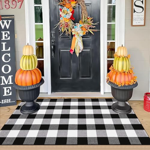 Buffalo Plaid Rug 3'x5' Black and White Checkered Rug Front Door Mat Outdoor Cotton Washable Front Porch Rug Layered Doormats for Front Porch/Farmhouse/Entryway - size: 3'x 5'