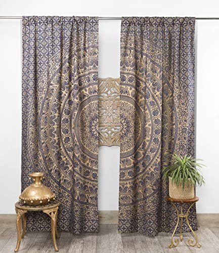 Popular Handicrafts Indian Hippie Bohemian Beautiful Elephant Mandala Curtain Panels Blue and Gold - color: Blue and Gold, size: 38"W x 83"L (Pack of 2)