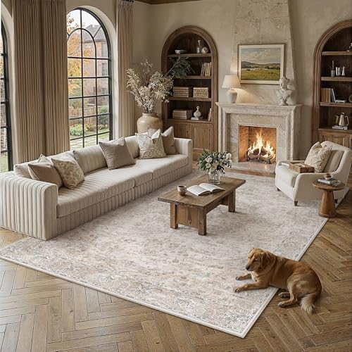 HUGEAR Area Rugs 9x12 Washable Rug for Living Room Bedroom Beige Large Vintage Rug Carpet Low Pile Non Slip No Shedding Soft Durable Indoor Dining Room Home Decor Floor Mat - color: Beige, size: 9' x 12' (Rectangular)