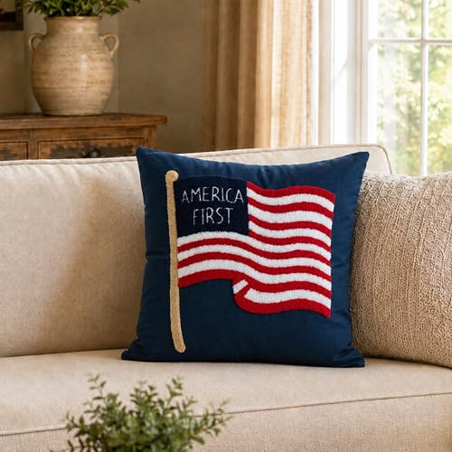 Patriotic America First Throw Pillow Cover, 4th of July Navy Blue 3D Tufted Embroidered Pillowcase, Americana USA Flag Decor for Independence Day, Election Year Party, 18x18 Inch, 1 Piece, Cover Only - color: Waving Flag