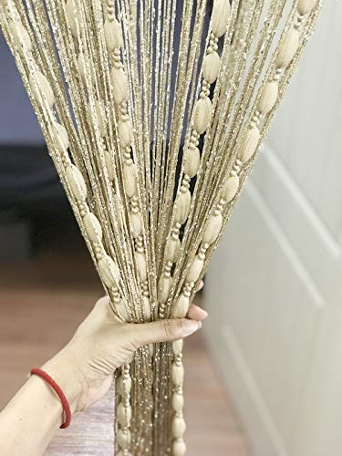 Door String Curtain Flat Silver Ribbon Thread with Shaggy Tassel Room Divider, 39’’x79’’, (Gold-style2) - color: Gold-style2