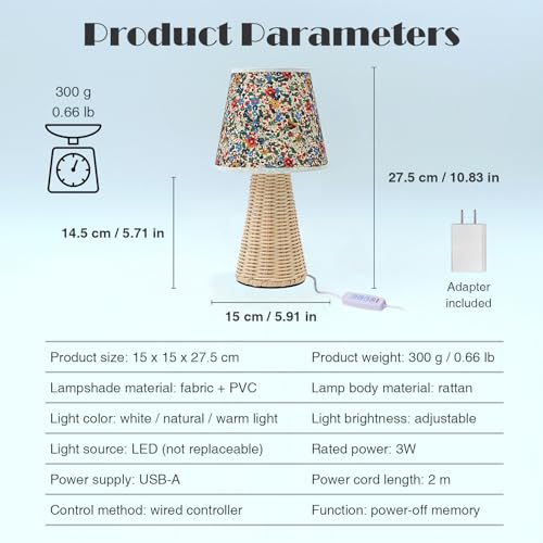 Vintage Small Wicker Lamp, Rattan Body Fabric Lampshade, Adjustable Light Color and Brightness, Power-Off Memory, Safe USB Powered, Boho Style Night Light for Bedroom Living Room (Cone-Floral) - color: Cone-Floral