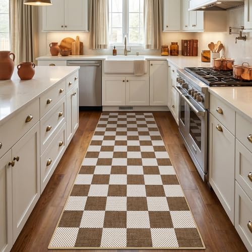 GarveeHome Checkered Terracotta Brown 2x6 Washable Kitchen Runner Rug Geometric Diamond Dot Modern Neutral Boho Soft Low-Pile Long Rug for Bedroom Hallways Entryway Non-Slip TPE Backing - color: Terracotta Brown, size: 2' x 6' (Runner)