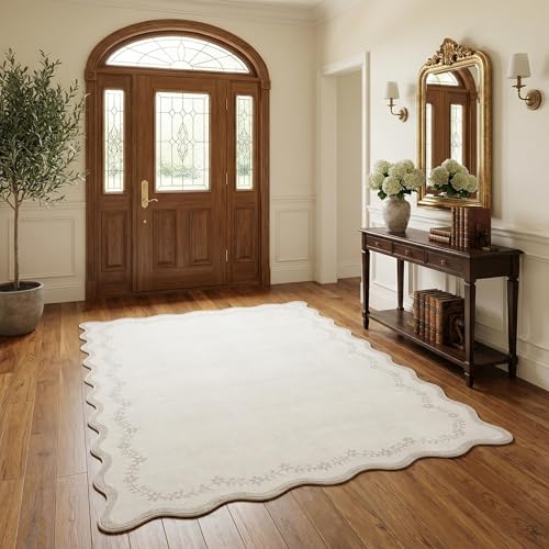 GarveeHome 3x5 Scalloped Washable Area Rug for Bedroom,Soft Solid Beige Entryway Rug Farmhouse Kitchen Mat Non Slip Low Pile Carpet Stain Resistant Throw Rug for Bedside Kids Room Office - color: Beige, size: 3' x 5' (Rectangular)