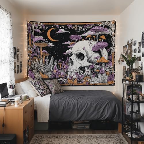 Accnicc Mushroom Skull Tapestry Gothic Skeleton Vintage Plant Tapestries Wall Hanging Botanical Witchy Horror Large Tapestry for Bedroom Living Room Dorm 80 x 60 inch - color: Purple White, size: 80"L x 60"W
