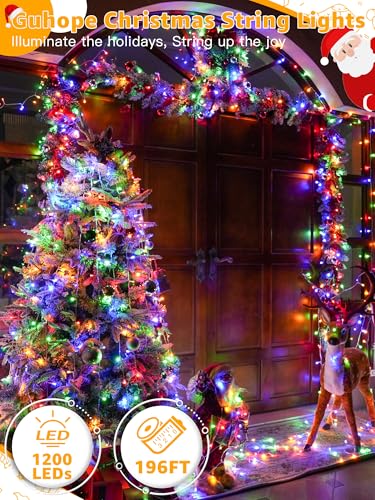 Guhope Christmas String Lights Indoor 1200LED 196FT, Waterproof Outdoor String Lights with Remote and Timer, 8 Modes Dimmable Christmas Lights for Indoor Outdoor Party Holiday Decorations (Multicolor) - color: Multicolor, size: 1200 LED