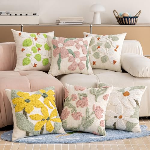 Summer Floral Throw Pillow Covers 18x18 Inch Set of 2, Chenille Embroidered Pillowcase with 3D Tufted White Flowers and Green Leaves, Boho Decorative Cushion Covers for Couch Sofa Bed - color: Green, size: 18" x 18" (Pack of 2)