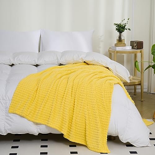 Puncuntex Yellow Throw Blanket 50"×60",Super Soft Flannel Fleece Plush Cozy Blanket with 3D Jacquard Square Grid Design Luxury for Couch Sofa Chair - color: Bright Yellow, size: 50"×60"