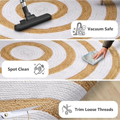 GRUHUM Round Jute Cotton Area Rugs 10ft Natural Fiber Rug with Rings Handwoven Boho Reversible Farmhouse Braided Rustic Vintage Rug Indoor Kitchen Bedroom Living Room Hallways Enterways 10 feet, White - color: Natural /White- 63, size: 10' (Round)