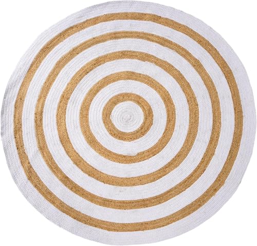 GRUHUM Round Jute Cotton Area Rugs 10ft Natural Fiber Rug with Rings Handwoven Boho Reversible Farmhouse Braided Rustic Vintage Rug Indoor Kitchen Bedroom Living Room Hallways Enterways 10 feet, White - color: Natural /White- 63, size: 10' (Round)