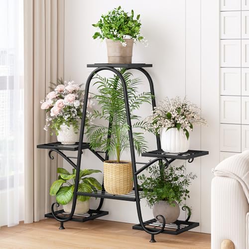 INGIORDAR Plant Stand Indoor Outdoor Shelf Metal Holder Pot Rack Multiple Plants Stand Tall 6 Pot Flower Shelf Corner Living Room Garden,Black (Black, 6 Pots) - size: 6 Pots
