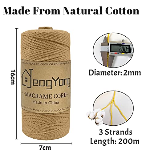 JeogYong Macrame Cord 2mm x 218 Yards, 3-Strand Twisted Natural Cotton Rope, Cotton String Coloured Craft Cord for Plant Hanger Wall Hanging Knitting Crafts, Coffee Color - color: Coffee