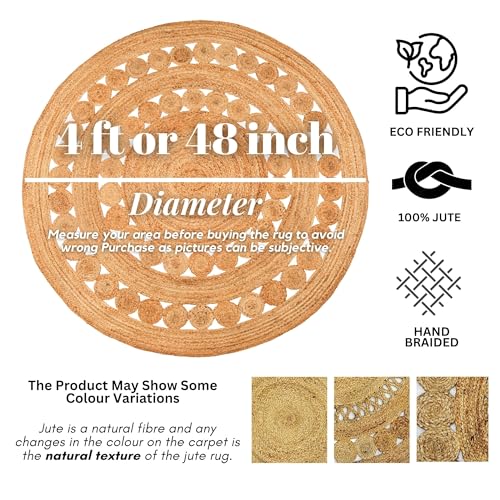 Hand Woven Jute Area Rug - 4' Round - Rustic Beige Reversible Farmhouse Rugs for Bedroom, Kitchen, Living Room - Vintage Natural Braided Entry Floor Décor Circle Boho Round Rugs 4 feet - color: Natural, size: 4' (Round)