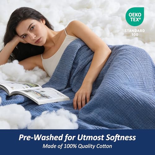 EMME Cotton Muslin Large Throw Blanket Couch Breathable Gauze Soft Lightweight Bed Blankets Adults (Heather Navy, 50"x70") - color: 02 - Navy, size: Large Throw (50" X 70")