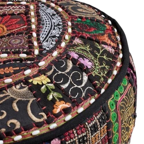 Indian Pouf Footstool Ethnic Embroidered Pouf Cover, India Cotton Round Pouffe Ottoman Pouf Cover Pillow Ethnic Decor Art-Cover Only-Indian Ottoman poufs - color: Black, size: 22"D x 22"W x 14"H