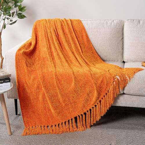 PAVILIA Orange Blanket for Couch, Twin Size Bed, Chenille Throw for Sofa Bed, Soft Knit Woven Blanket with Decorative Tassel for Living Room, Orange Twin 60x80 - color: Orange, size: 60 X 80 Inches - Twin