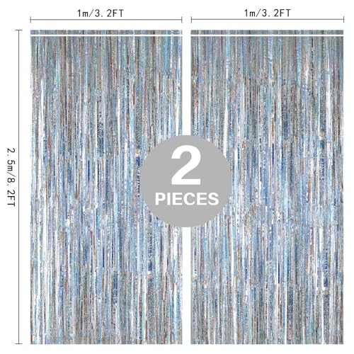 2 Pack 3.2ft x 8.2ft Silver Metallic Tinsel Foil Fringe Curtains, Door Streamer Photo Booth Backdrop for Birthday Graduation Engagement Bridal Shower Bachelorette Baby Shower Party Decorations - color: Silver