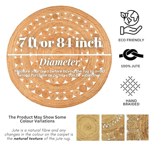 Hand Woven Jute Area Rug - 7' Round - Rustic Beige Reversible Farmhouse Rugs for Bedroom, Kitchen, Living Room - Vintage Natural Braided Entry Floor Décor Circle Boho Round Rugs 7ft - color: Natural, size: 7' (Round)