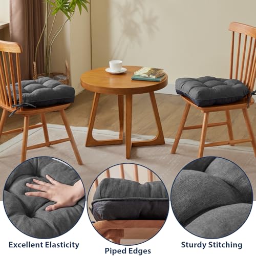 IASEAHK Chair Cushions for Dining Chairs, Seat Cushions for Kitchen Chairs, Indoor Seat Cushions with Ties, Tufted Foam Chair Pads, Non Slip Chair Cushions Set of 6, 15.5" x 15.5" x 4", Dark Grey - color: Dark Grey, size: Pack of 6