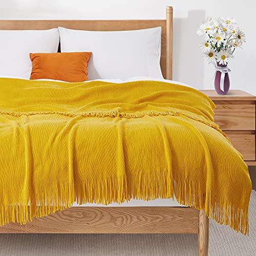 Homiest Decorative Knitted Throw Blanket with Fringe Soft & Cozy Tassel Blanket for Couch Sofa Bed (Mustard Yellow, 50x60) - color: Mustard Yellow, size: 50" x 60"