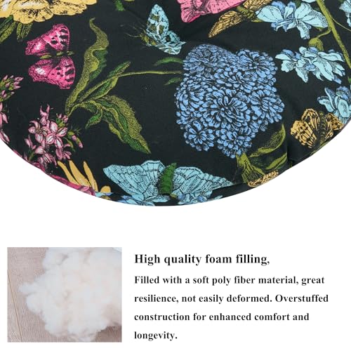 FUNHOME 15"x15"x4" Bistro Chair Cushion Set of 2, Water Repellent Round Outdoor Chair Cushions with Ties, Patio Tufted Chair Pads for Home Garden (Black Flower Butterfly) - color: Black Flower Butterfly