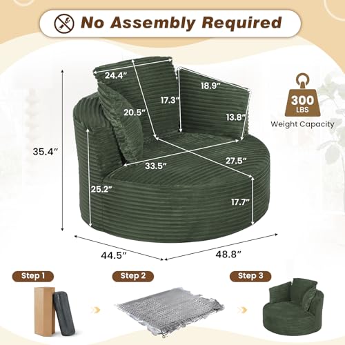 48"W Oversized Round Chaise Longue Chair Indoor,Corduroy Fluffy Comfy Cloud Chair,Circle Bean Bag Sofa with Foam Filling & Pillows,Boneless Reading Cozy Sofa Chairs for Living Room,Bedroom,Green - color: Green