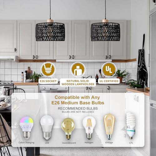 Plug in Pendant Light with Hand Woven Rattan Lampshade, Hanging Lamp with 15 FT Rope Cord On/Off Switch, Boho Pendant Light Fixture for Living Room Bedroom Kitchen Island Dinning Table - color: Black