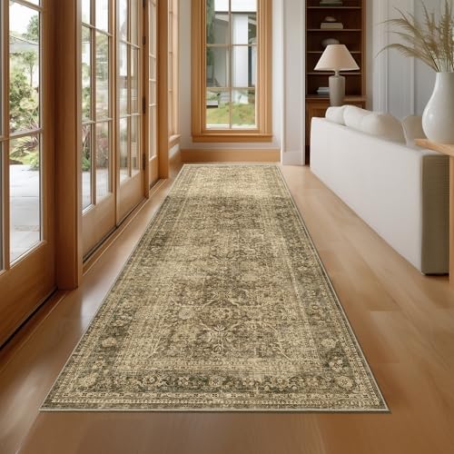 FMFUNCTEX 3x10 Runner Rug Brown Washable Vintage Neutral Distressed Non Slip Low Pile Indoor Carpet Soft Retro Floral Hallway Entryway Rug for Kitchen Living Room Bedroom Bathroom Laundry Bedside - color: Brown, size: 3' x 10' (Rectangular)