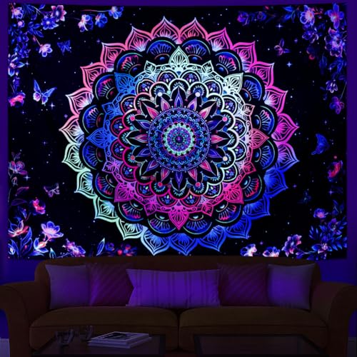 Heopapin Blacklight Tapestry Trippy Galaxy Mandala Tapestries UV Reactive Butterflies Flower Wall Hanging Tapestry for Bedroom Living Room 78.7L x 59.1W - size: 78.7"L x 59.1"W