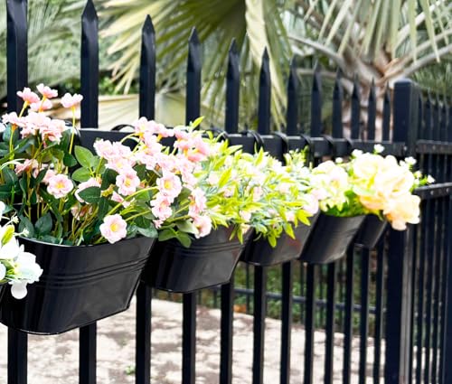 2 Pack Metal Hanging Planter for Outdoor Plants, 10 Inch Black Fence Planters Railing Pots for Garden Patio Balcony Decor, Flower Bucket with Detachable Hooks (Black, 2Pcs) - color: Black