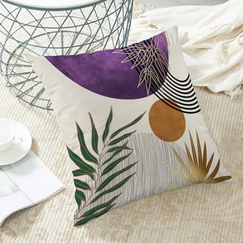 Boho Pillow Covers 16x16 Set of 2 Abstract Green Purple Gold Sunset Throw Pillow Covers Mid Century Bohemian Tropical Leaf Pillowcase Farmhouse Linen Cushion Case for Home Sofa Outdoor Decor - color: Mid Century-purple, size: 16" x 16" (Pack of 2)