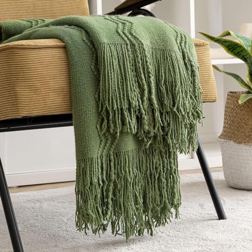 MIULEE Moss Green Knitted Throw Blanket for Couch Textured Knit Blanket with Tassels Cozy Woven Bed Blanket for Sofa Bed Chair Wave Pattern Spring Home Decor for All Seasons 50"x60" - color: Moss Green, size: 50" x 60"