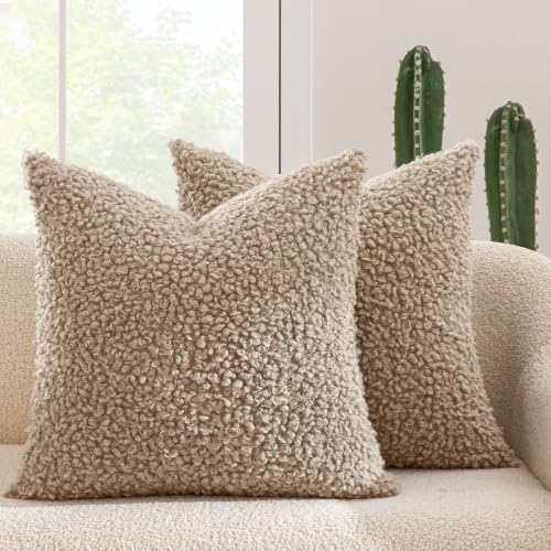 MIULEE Pack of 2 Throw Pillow Covers 18x18 Inch Light Camel Faux Fur Decorative Sherpa Pillow Covers Fuzzy Accent Soft Sheepskin Fleece Cushion Cases for Boho Home Decor Couch Living Room Bed - color: Light Camel, size: 18" x 18" (Pack of 2)