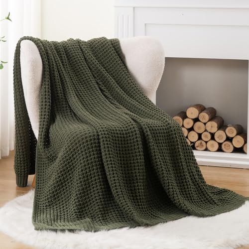 Bunnikins & Clover Olive Green Throw Blanket for Couch, Waffle Knit Blanket Throw, Super Soft Warm Dark Green Throw Blanket for Home Decor,Sofa and Living Room, 50"x60" - color: Olive Green, size: 50"x60"