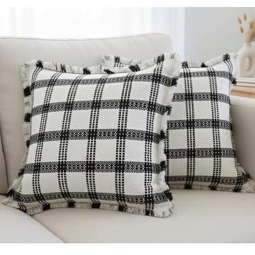 Checkered Throw Pillow Covers with Fringe Set of 2 Woven Cotton Plaid Cushion Covers With Tassels Trim Edge Square Pillow Cases Classic Scandinavian Cottagecore Checks Pattern Black and White 20x20 - color: Black, size: 20" x 20" (Pack of 2)