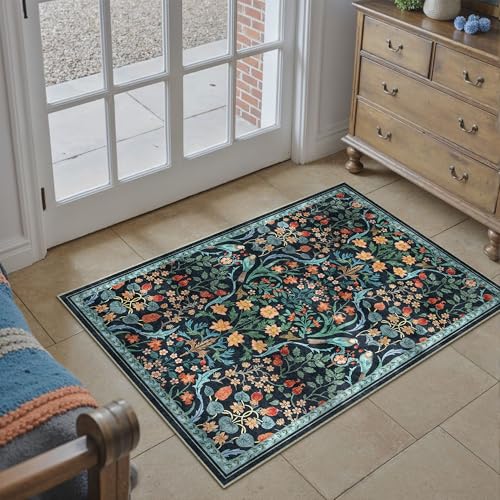2x3 Washable Area Rug for Entryway Dark Blue Floral Vintage Non Slip Low Pile Thin Rug Soft Lightweight Stain Resistance Doormat Living Room Kitchen Bathroom Laundry Room Home Decor - color: Floral | Blue, size: 2'x3'
