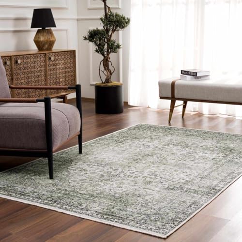 Hauteloom Cristy Bohemian Vintage Medallion Area Rug - Farmhouse Oriental Carpet for Living Room, Bedroom - Machine Washable- Cream, Olive - 6'7" x 9' - color: Cream, Olive / Cristy, size: 6'7" x 9' (Rectangular)